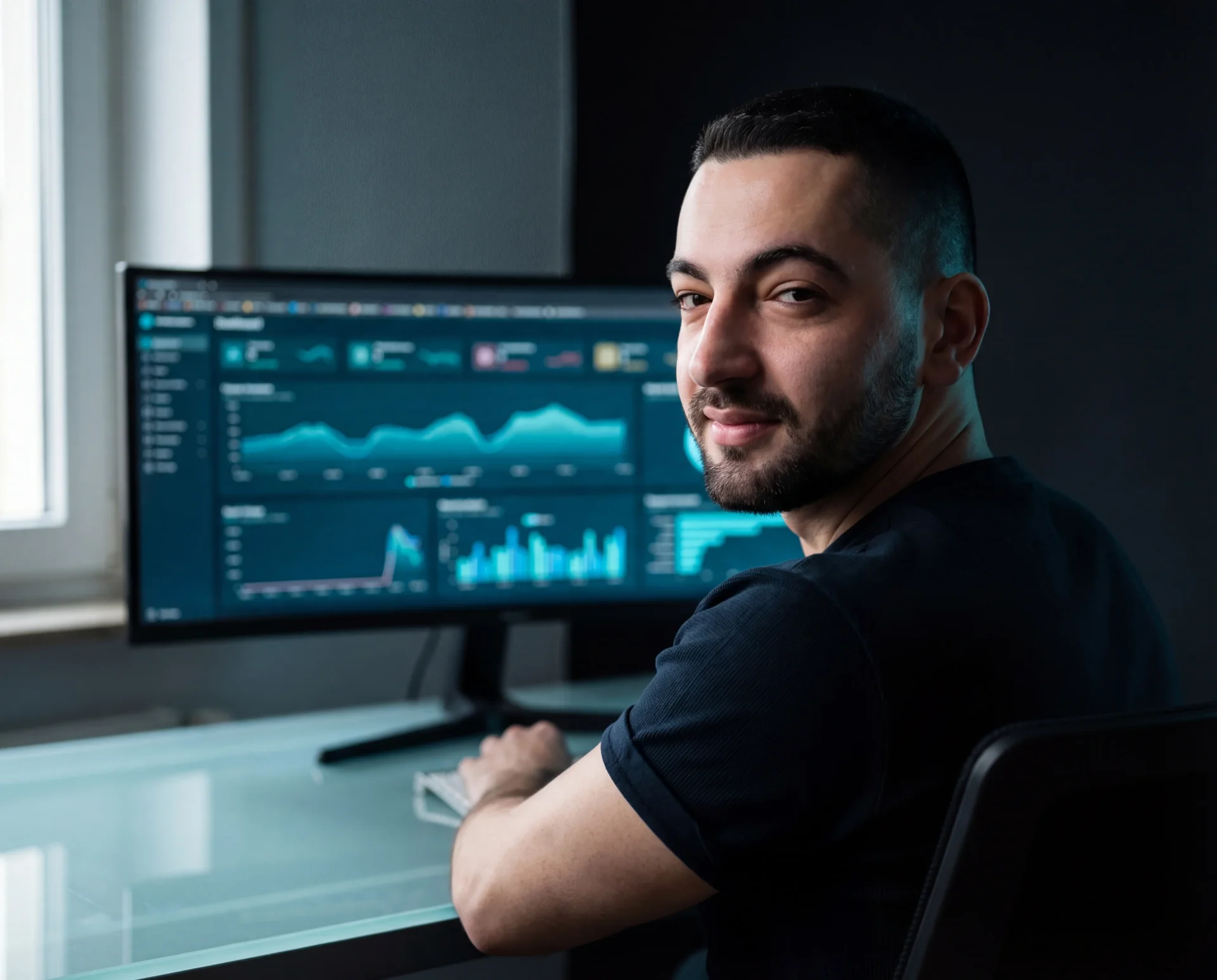 Danijel at desk with analytics monitor